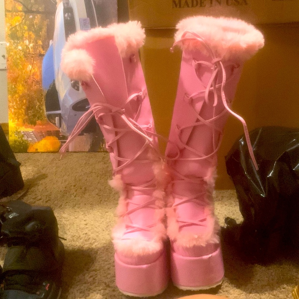 Demonia Pink Faux Fur Platform Heeled Boots